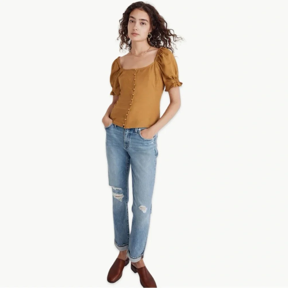 Madewell Button Front Smocked Back Blouse Size 6 Bronzed Lichen Hemp NWT Casual